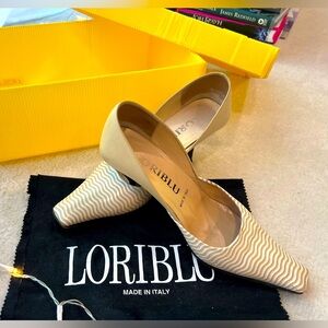 Loriblu Genuine Leather Stripes White Beige Square Nose Asymmetric Kitten Heel